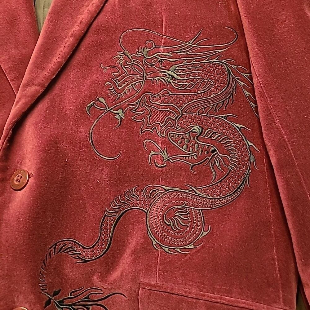 VTG 90s Y2K DRAGONFLY Maroon Velvet Blazer Jacket Mens 3XL Dragon Embroidered - Picture 2 of 11